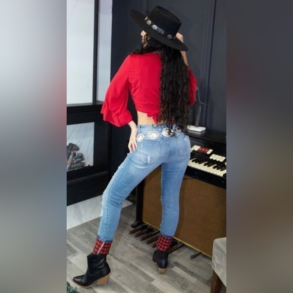 L&B DENIM SKINNY JEANS W BUFFALO PLAID PATCHES-NWT - Picture 3 of 5